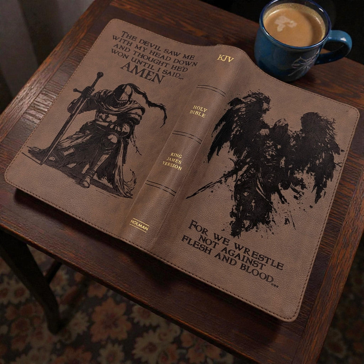 Personalized KJV Bible Personal Size: Engraved Michael the Archangel and Kneeling Warrior, Brown
