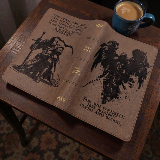 Personalized KJV Bible Personal Size: Engraved Michael the Archangel and Kneeling Warrior, Brown