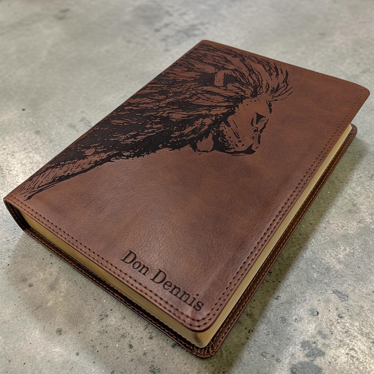 Personalized ESV Bible Giant Print: Engraved Lion and Custom Name, Brown Leatherlike Cover