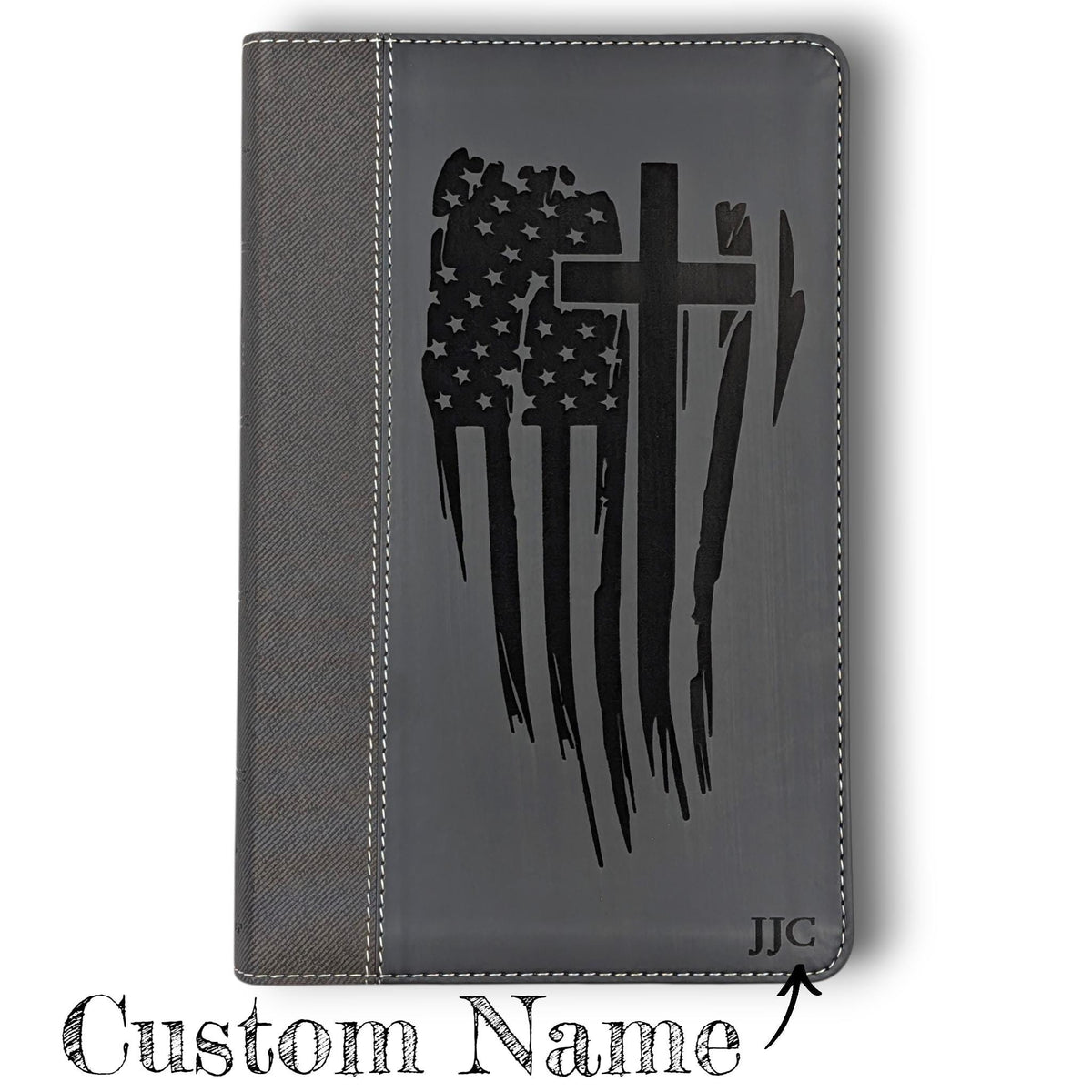 Personalized NIV Bible Large Print: Engraved American Flag and Cross, Black Leatherlike