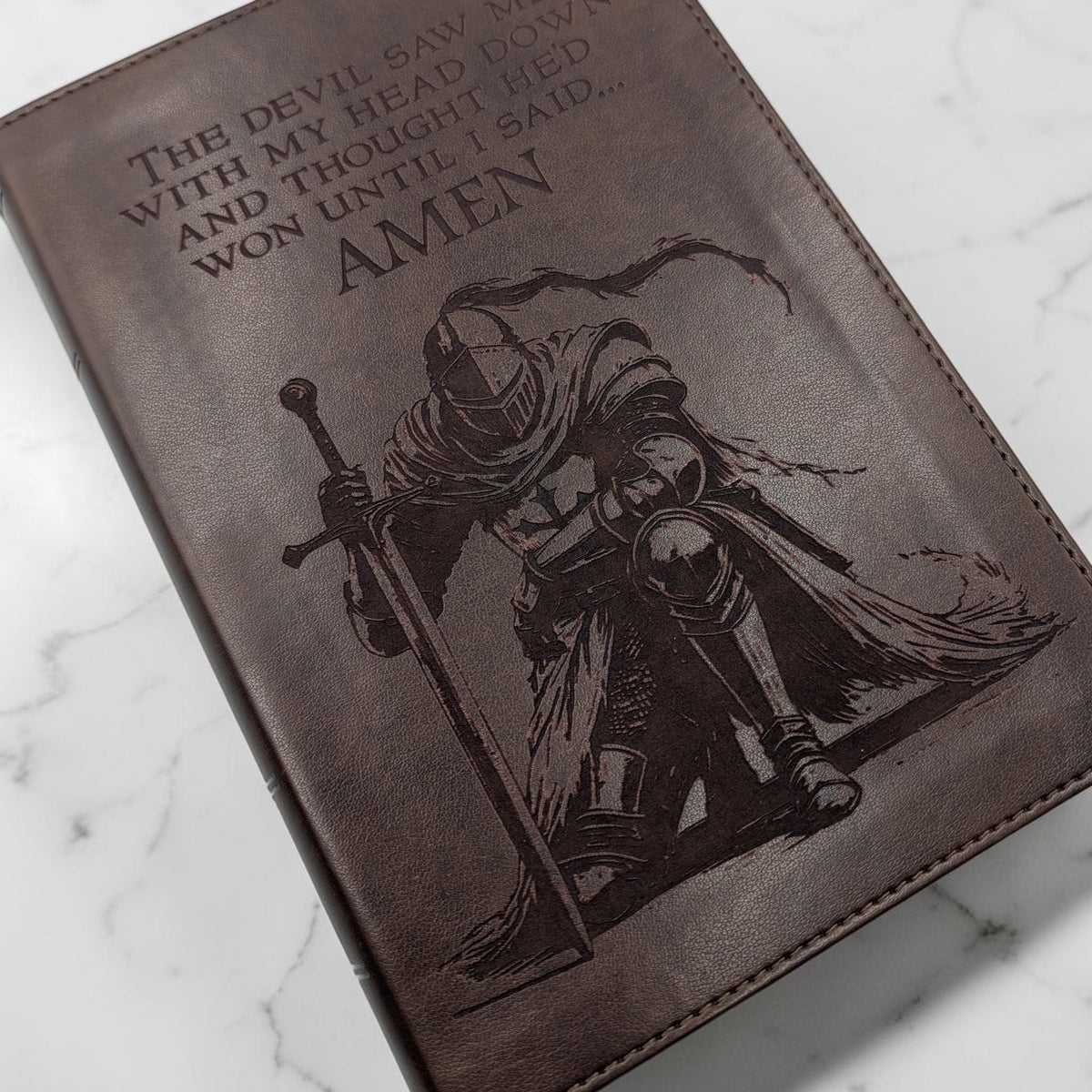 Personalized ESV Study Bible: Engraved Kneeling Warrior, Brown Leatherlike, Personal Size