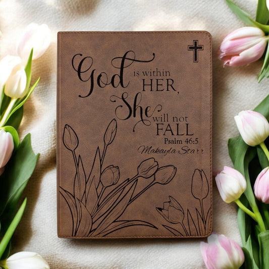 Personalized KJV Bible for Women: Engraved Tulip Flowers & Psalm 46-5, Wide Margin, Brown Leatherlike