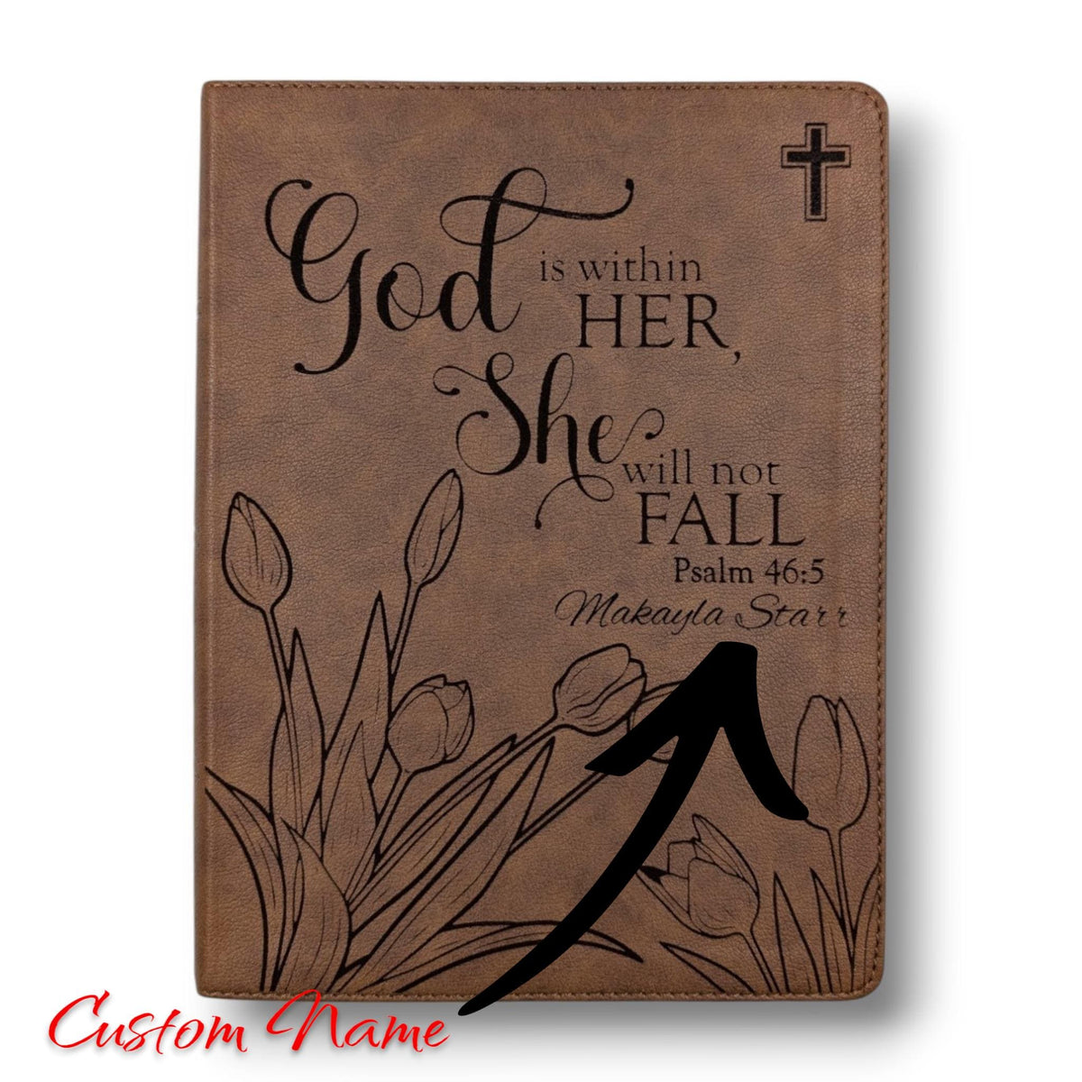 Personalized KJV Bible for Women: Engraved Tulip Flowers & Psalm 46-5, Wide Margin, Brown Leatherlike