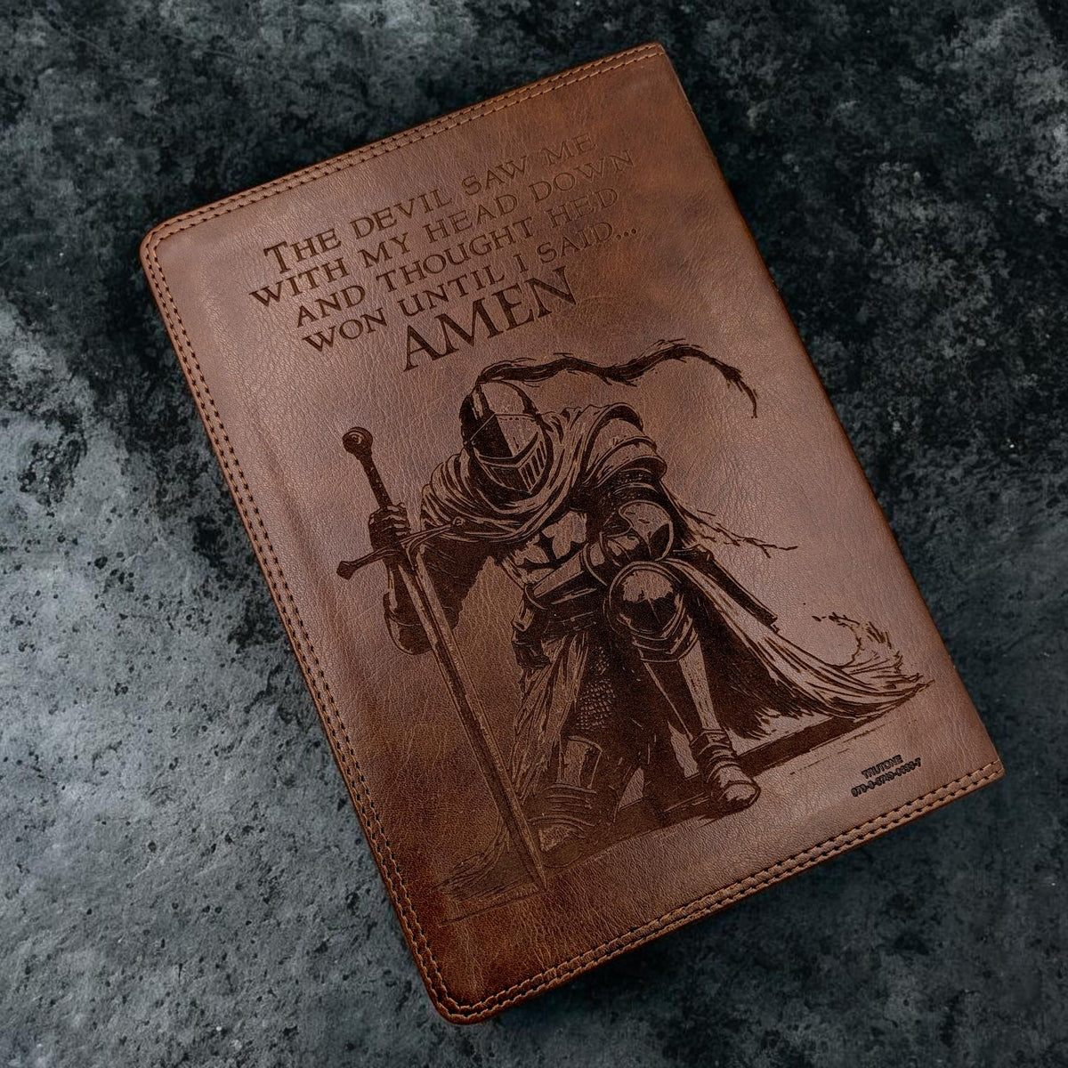 Personalized ESV Bible Giant Print: Engraved Michael the Archangel & Kneeling Warrior, Deep Brown Leatherlike