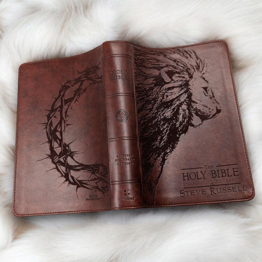 Personalized ESV Bible Large Print: Engraved Lion and Crown of Thorns