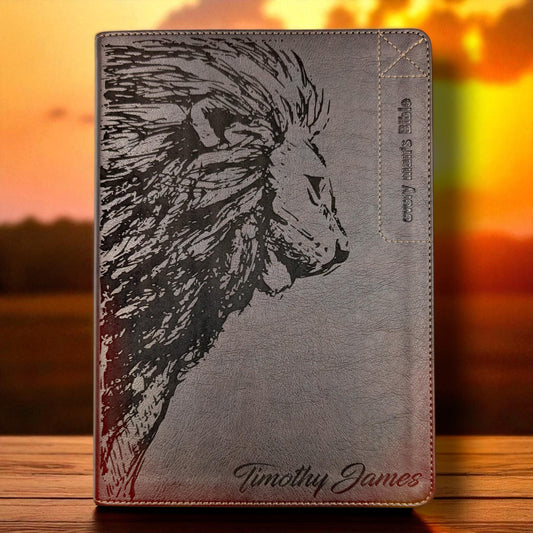Personalized Every Man's Large Print NLT Bible (Brown): Engraved Lion, Optional Thumb Index