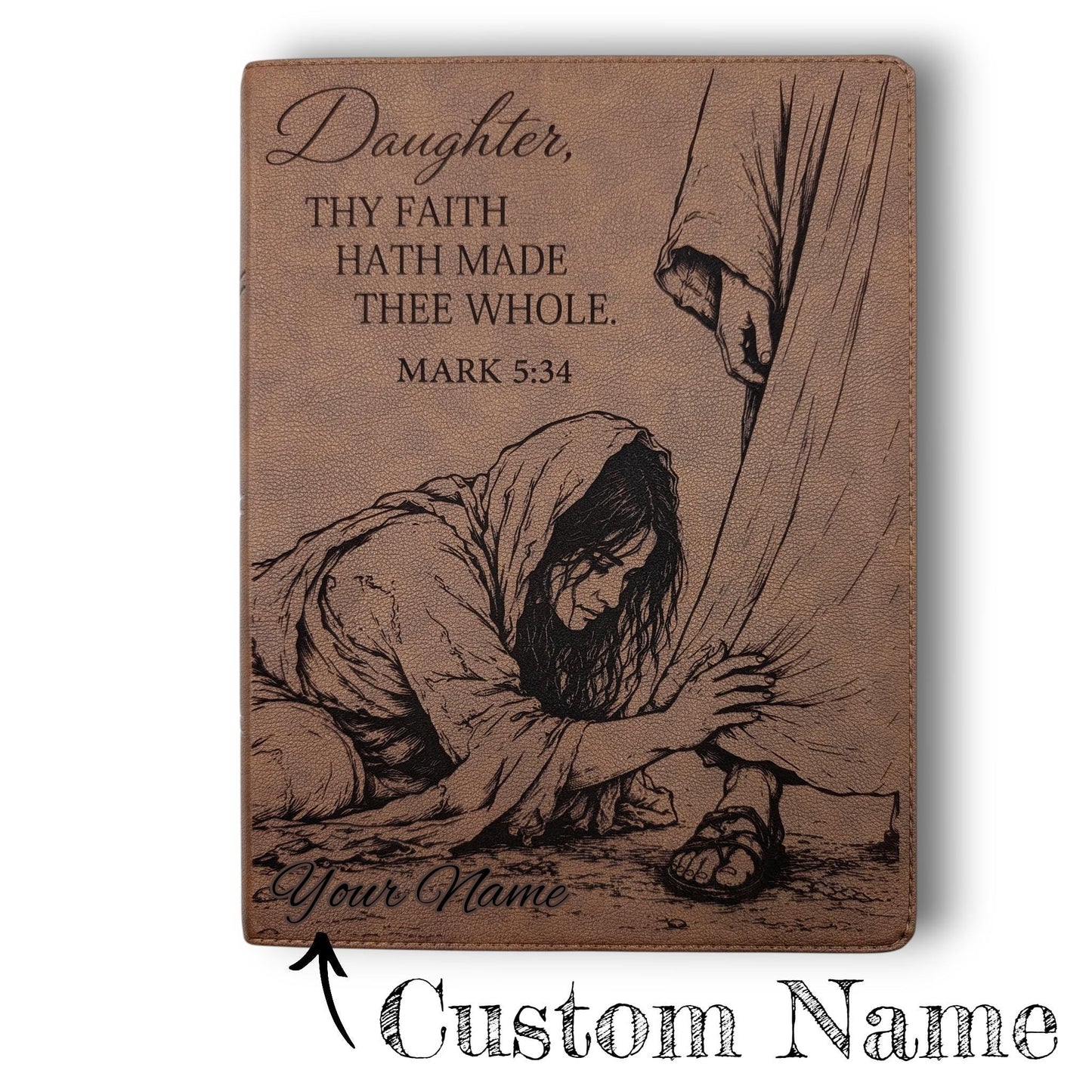 Personalized KJV Bible: Woman Touching Jesus' Garment Engraving, Wide Margin, Brown Leatherlike