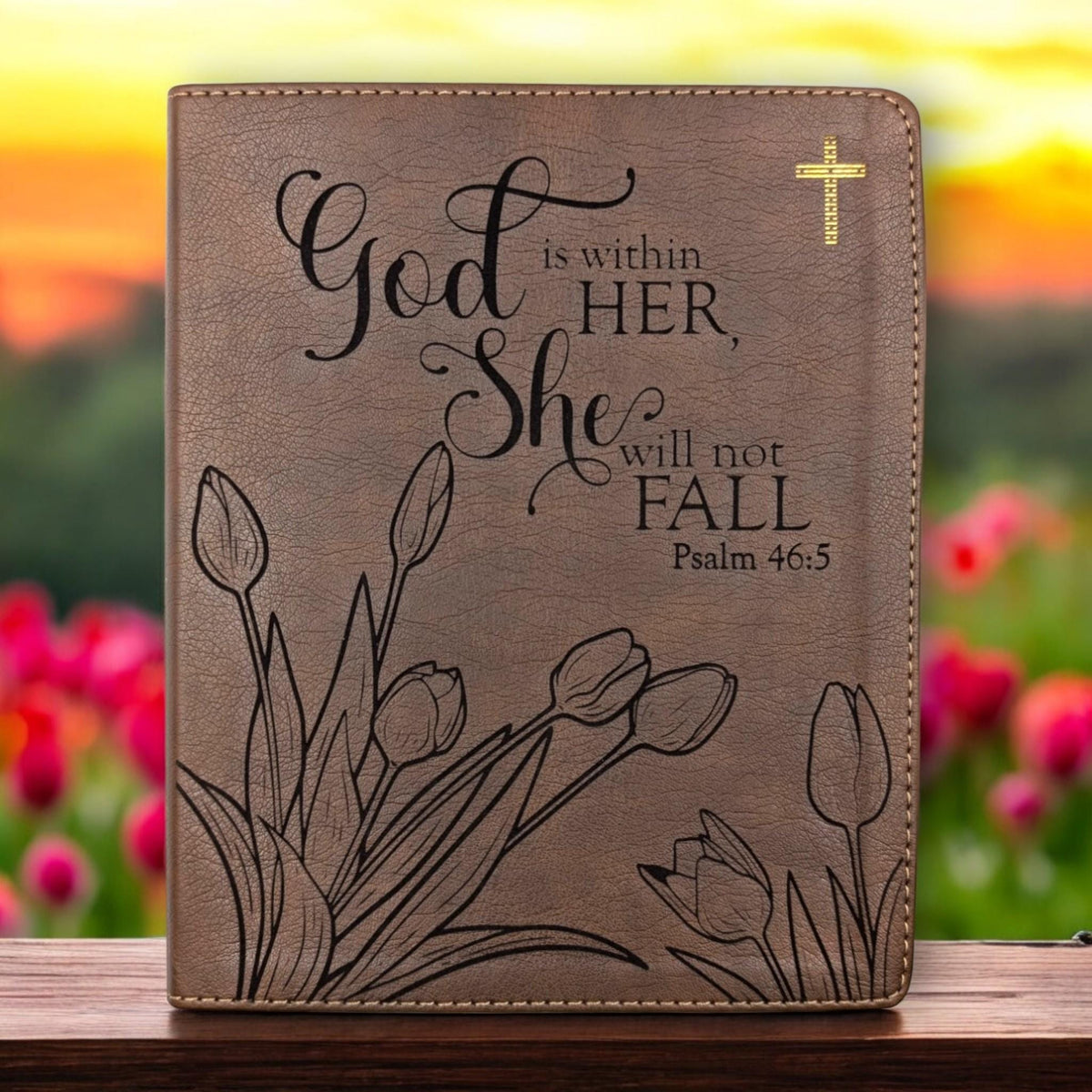 Personalized NIV Journal Bible: Tulip Flowers and Psalm 46-5 Engraving, Lined Wide Margins