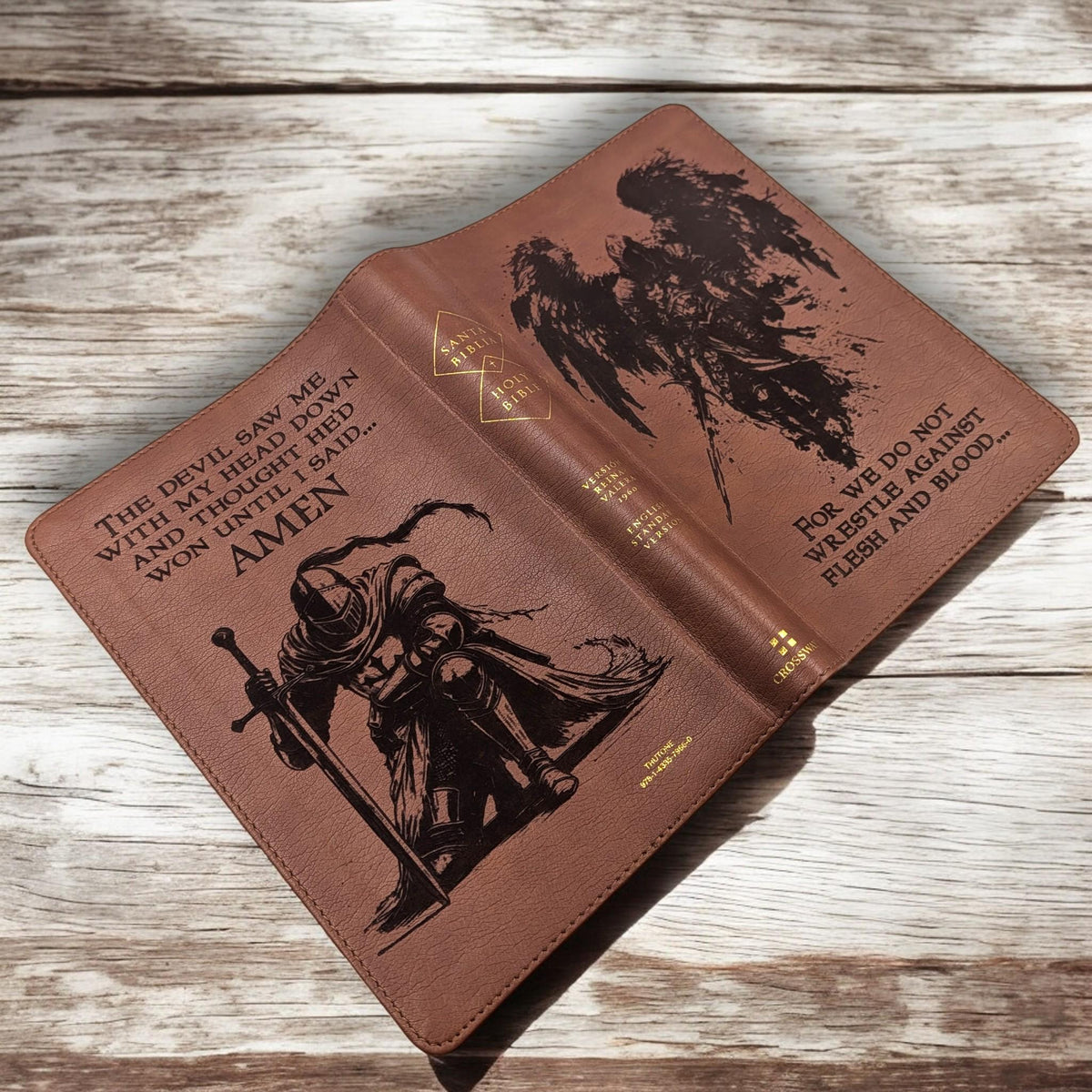 Personalized ESV Spanish English Parallel Bible: Engraved Michael the Archangel and Kneeling Warrior, Reina-Valera Translation