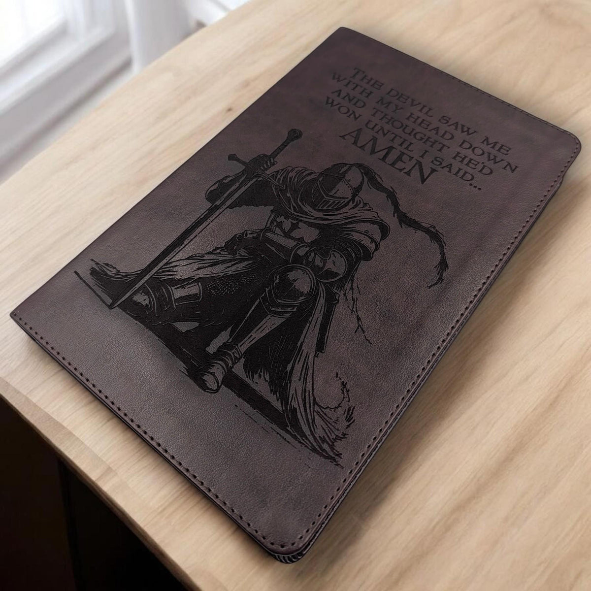 Personalized ESV Thinline Bible Large Print: Engraved Kneeling Warrior, Mahogany Cover, Red Letter