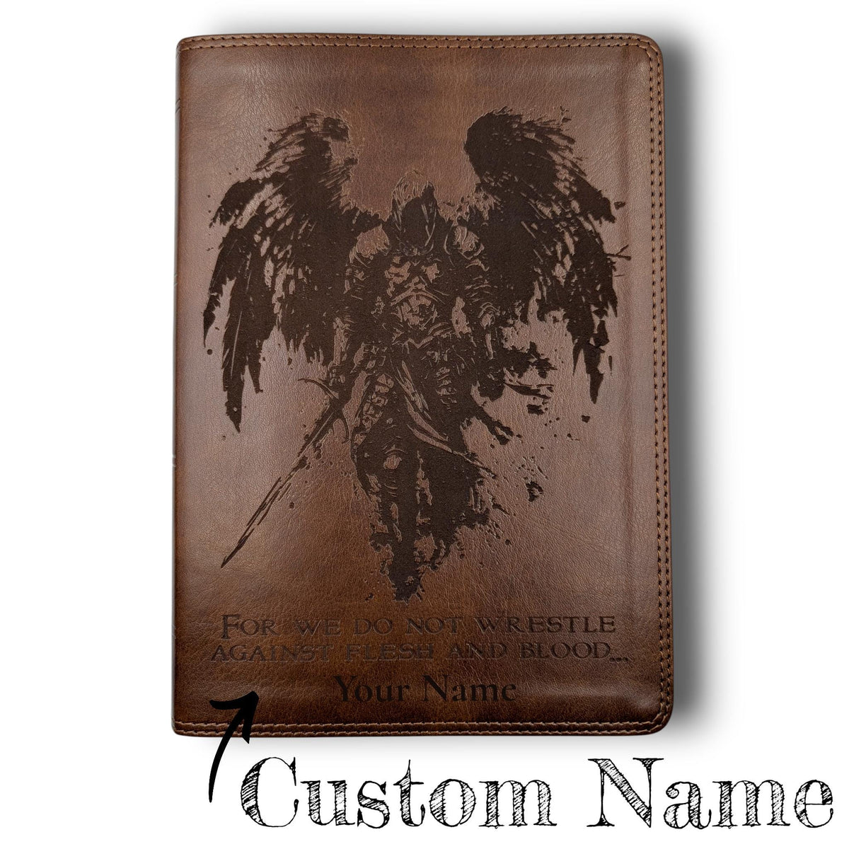Personalized ESV Bible Giant Print: Engraved Michael the Archangel, Deep Brown Leatherlike