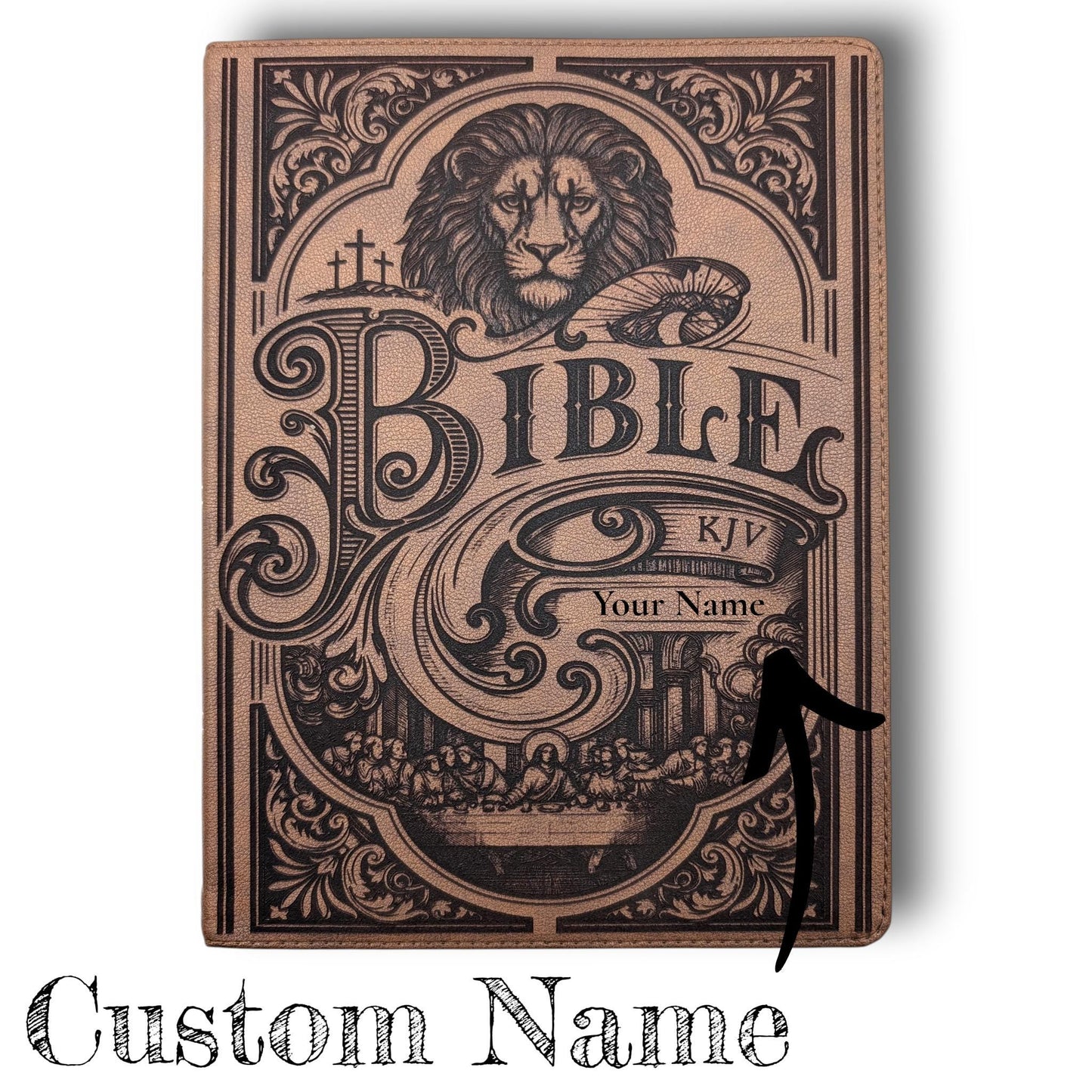 Personalized KJV Bible: Lion, Cross, Empty Tomb & Last Supper Engraving, Wide Margin, Brown Leatherlike