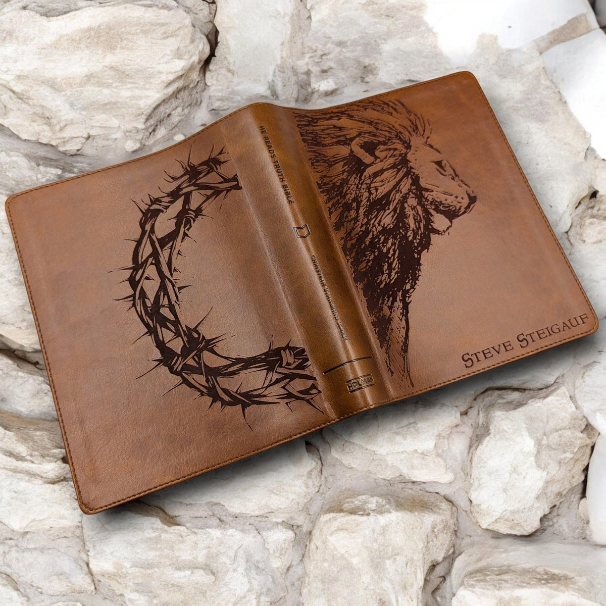 Personalized CSB He Reads Truth Bible: Engraved Lion & Crown, Brown Leatherlike, Wide Margin