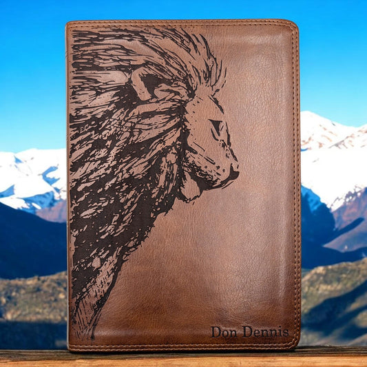 Personalized ESV Bible Giant Print: Engraved Lion and Custom Name, Brown Leatherlike Cover