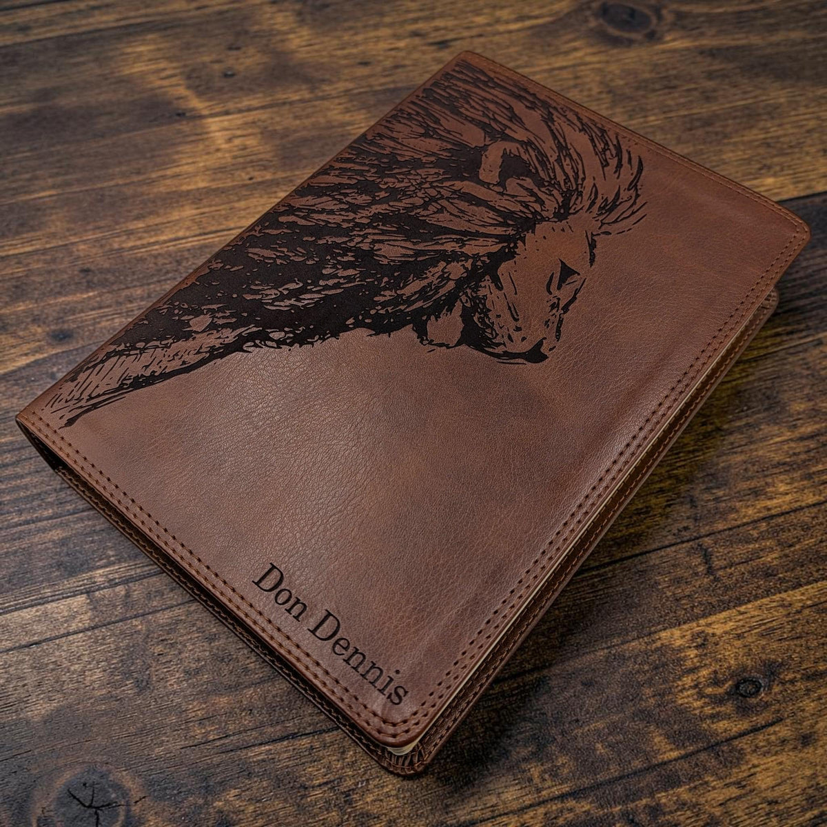 Personalized ESV Bible Giant Print: Engraved Lion and Custom Name, Brown Leatherlike Cover