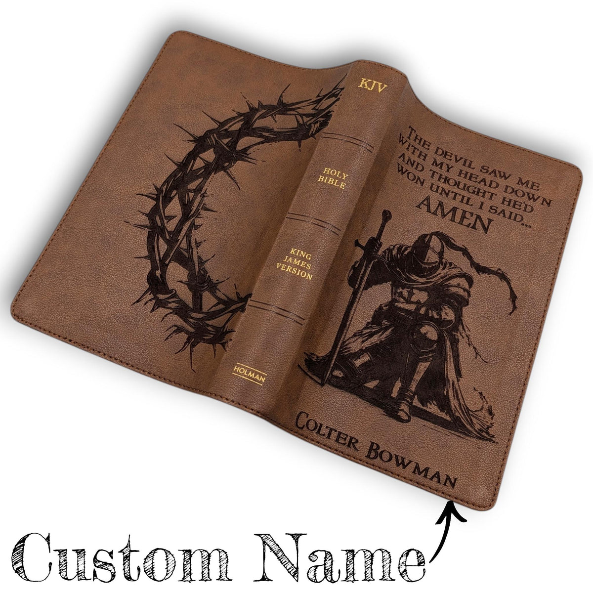 Personalized KJV Bible Personal Size: Engraved Kneeling Warrior and Crown of Thorns, Brown Cover