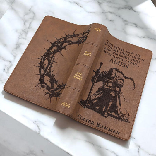 Personalized KJV Bible Personal Size: Engraved Kneeling Warrior and Crown of Thorns, Brown Cover