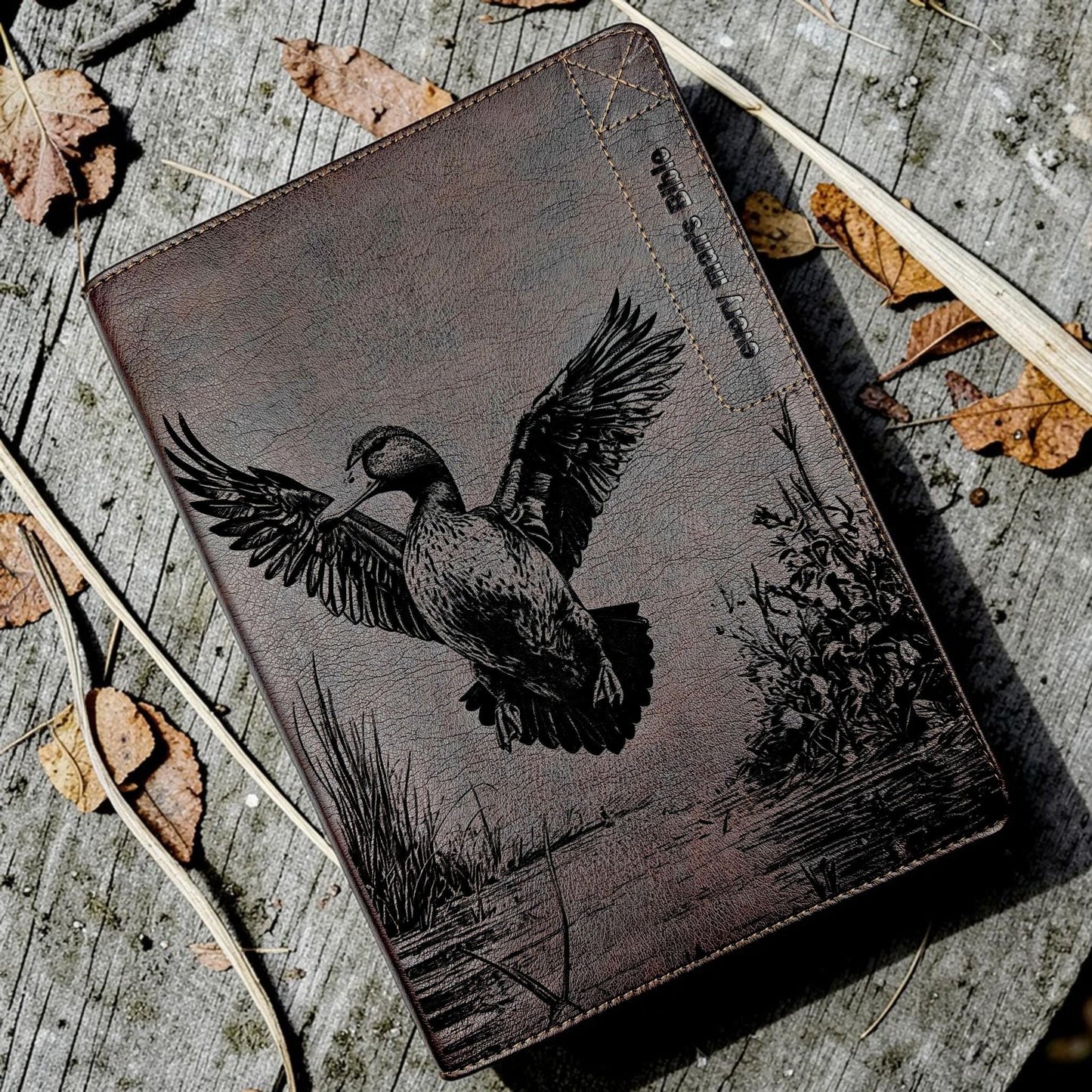 Personalized Every Man's Large Print NIV Bible: Duck Engraving, Custom Name, Brown Leatherlike