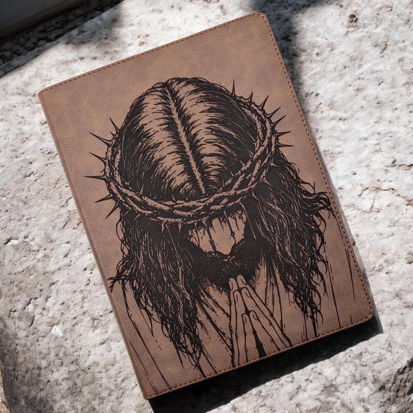 Personalized KJV Bible: Praying Jesus with Crown of Thorns Engraving, Wide Margin, Brown Leatherlike