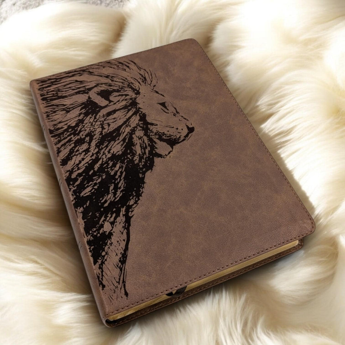 Personalized KJV Bible: Engraved Lion, Wide Margin, Brown Leatherlike