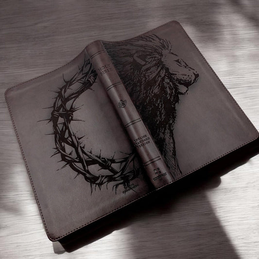 Personalized ESV Thinline Bible Large Print: Engraved Lion & Crown of Thorns, Mahogany Cover