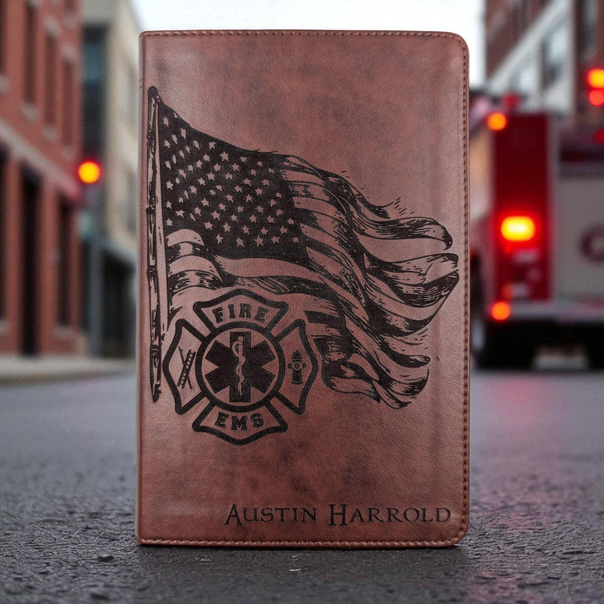 Personalized ESV Bible Large Print: Engraved EMS Firefighter and American Flag