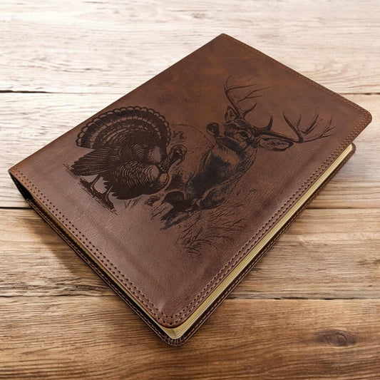 Personalized ESV Bible Giant Print: Engraved Deer and Turkey, Deep Brown Leatherlike