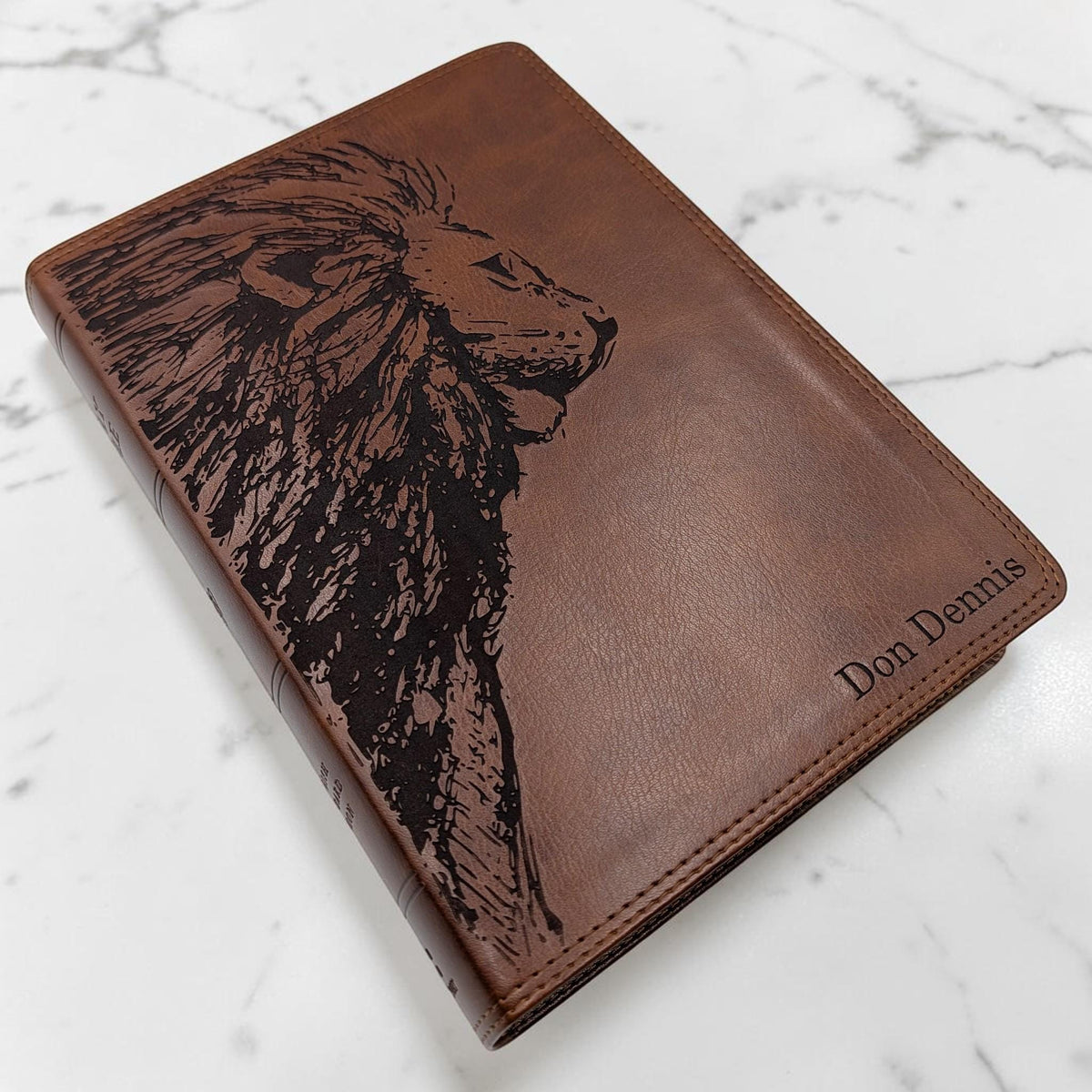 Personalized ESV Bible Giant Print: Engraved Lion and Custom Name, Brown Leatherlike Cover