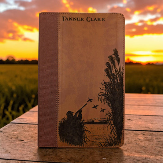 Personalized NIV Bible Large Print: Engraved Duck Hunting Design, Brown Leatherlike, Optional Thumb Index