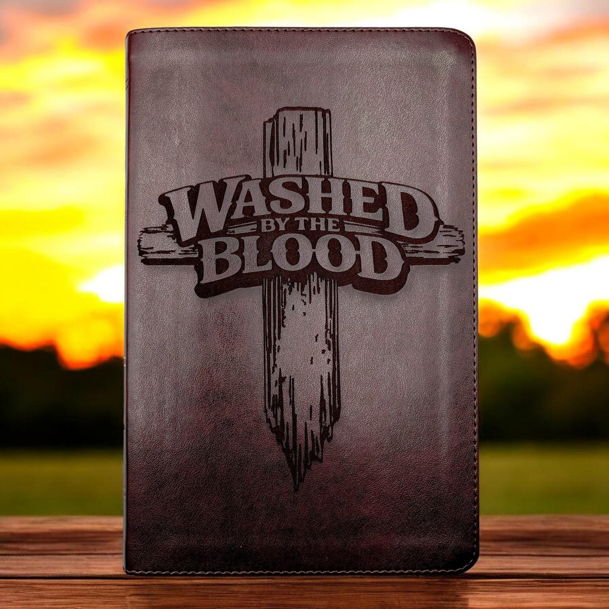 Personalized ESV Thinline Bible Large Print: Washed By The Blood Cross Design, Mahogany Cover