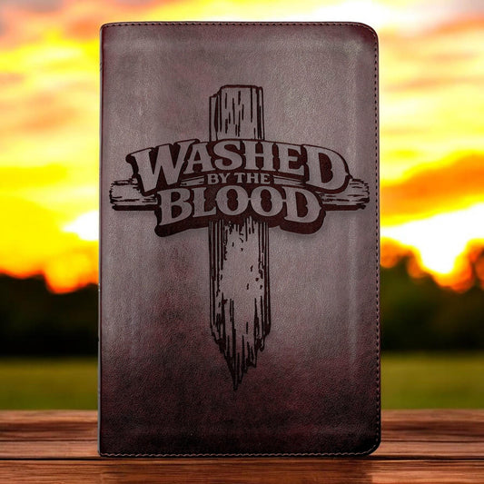 Personalized ESV Thinline Bible Large Print: Washed By The Blood Cross Design, Mahogany Cover