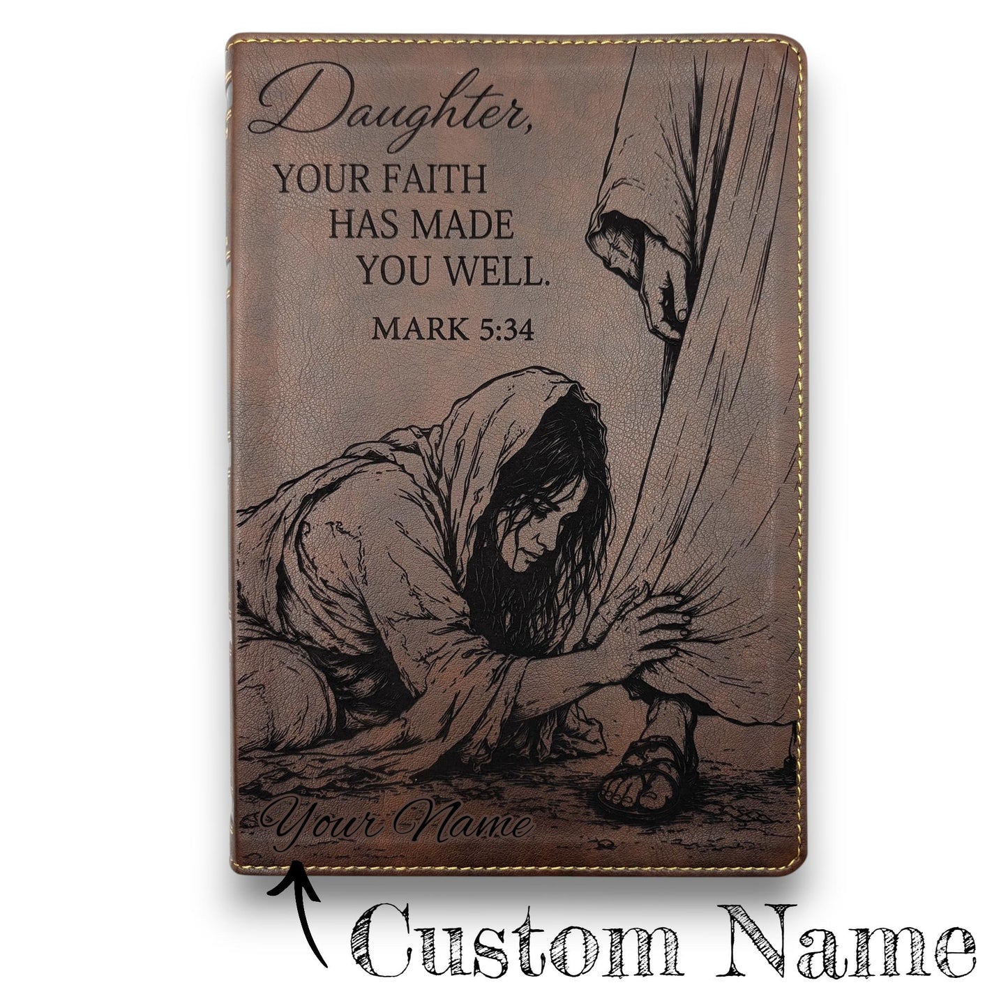 Personalized NKJV Bible with References: Woman Touching Jesus' Garment Engraving, Wide Margins