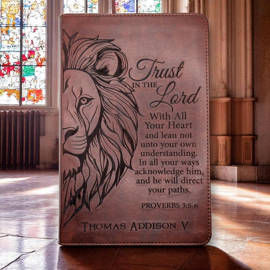 Personalized ESV Bible Large Print: Engraved Lion and Trust in the Lord Verse