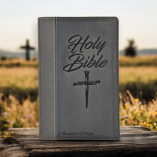 Personalized NIV Bible Large Print: Engraved Cross of Nails, Black Leatherlike