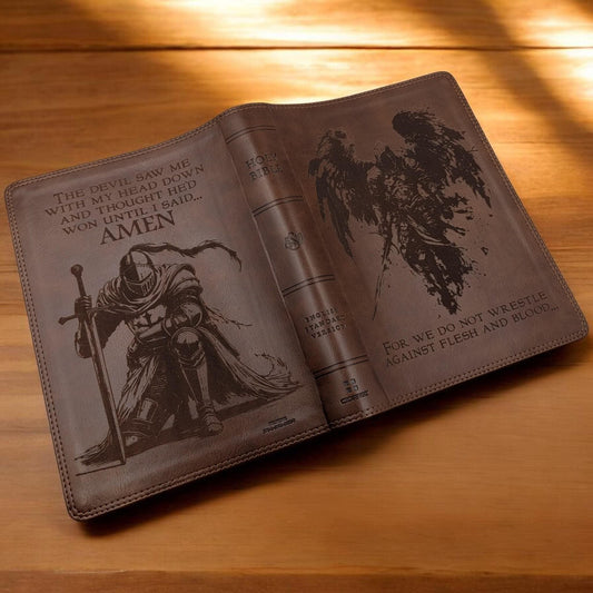 Personalized ESV Bible Giant Print: Engraved Michael the Archangel & Kneeling Warrior, Deep Brown Leatherlike