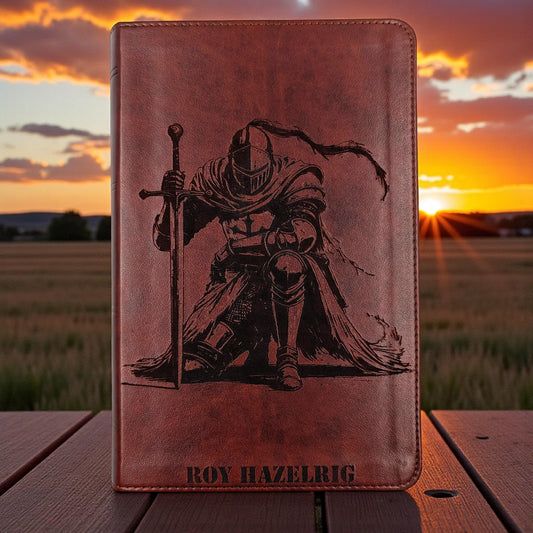 Personalized ESV Bible Large Print: Engraved Kneeling Warrior, Chestnut Brown Cover, Red Letter