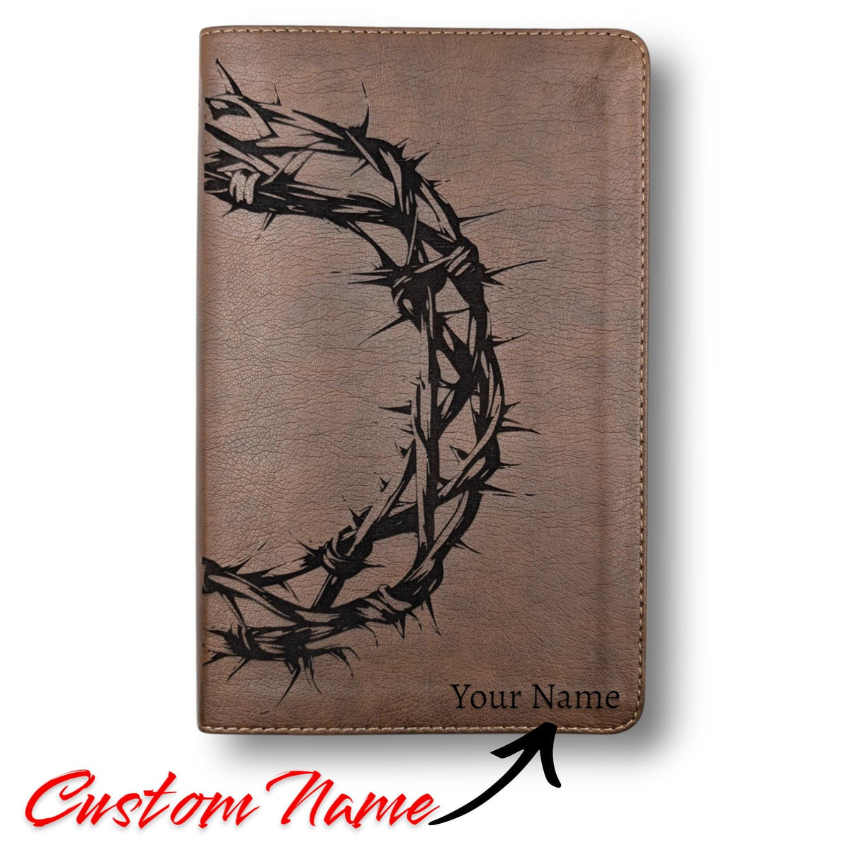 Personalized NLT Thinline Reference Bible: Engraved Crown of Thorns, Rustic Brown Leatherlike