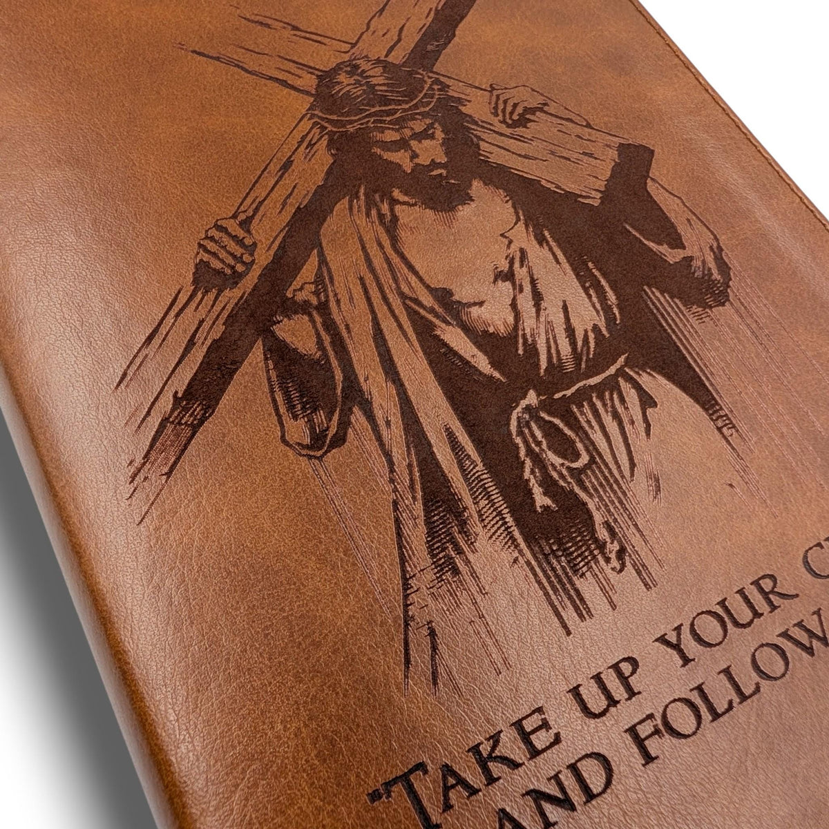 Personalized CSB He Reads Truth Bible: Engraved Cross and Jesus, Brown Leatherlike, Wide Margin