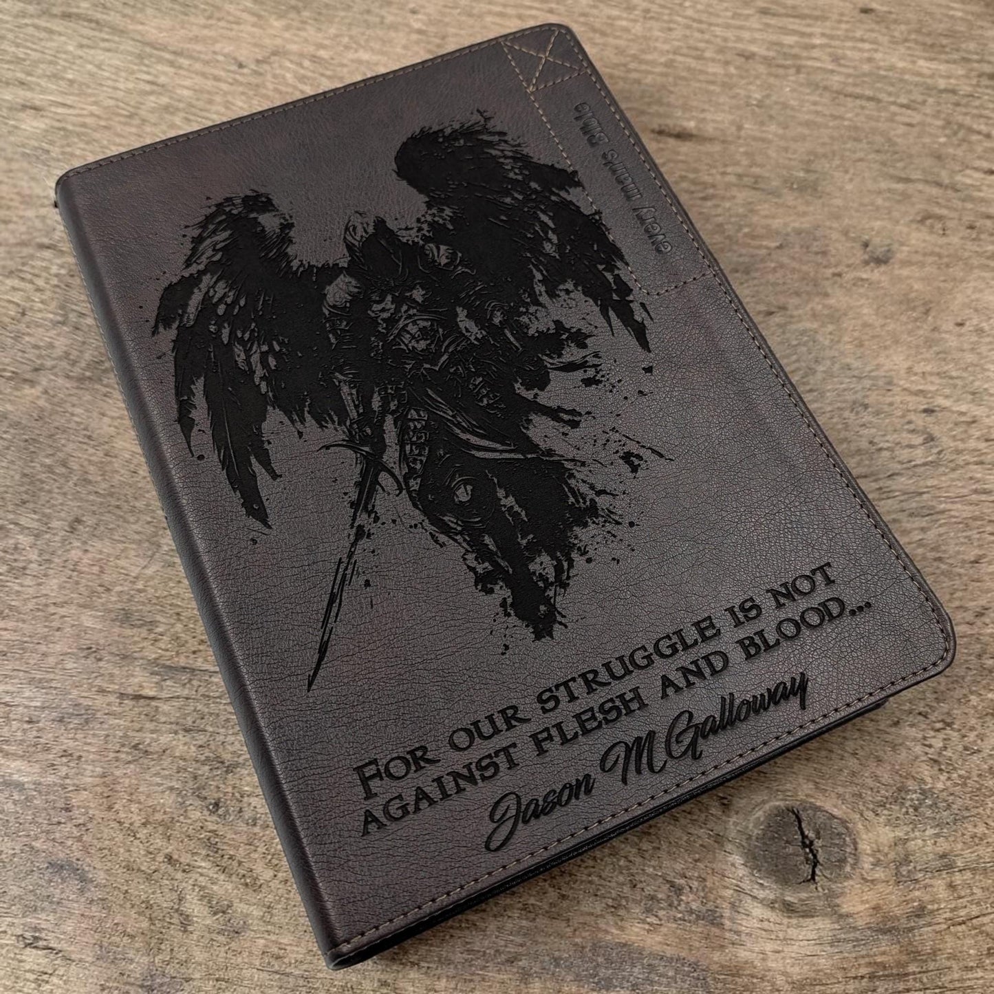 Personalized Every Man's NLT Bible (Brown): Michael Archangel, Kneeling Warrior Engraving, Optional Thumb Index