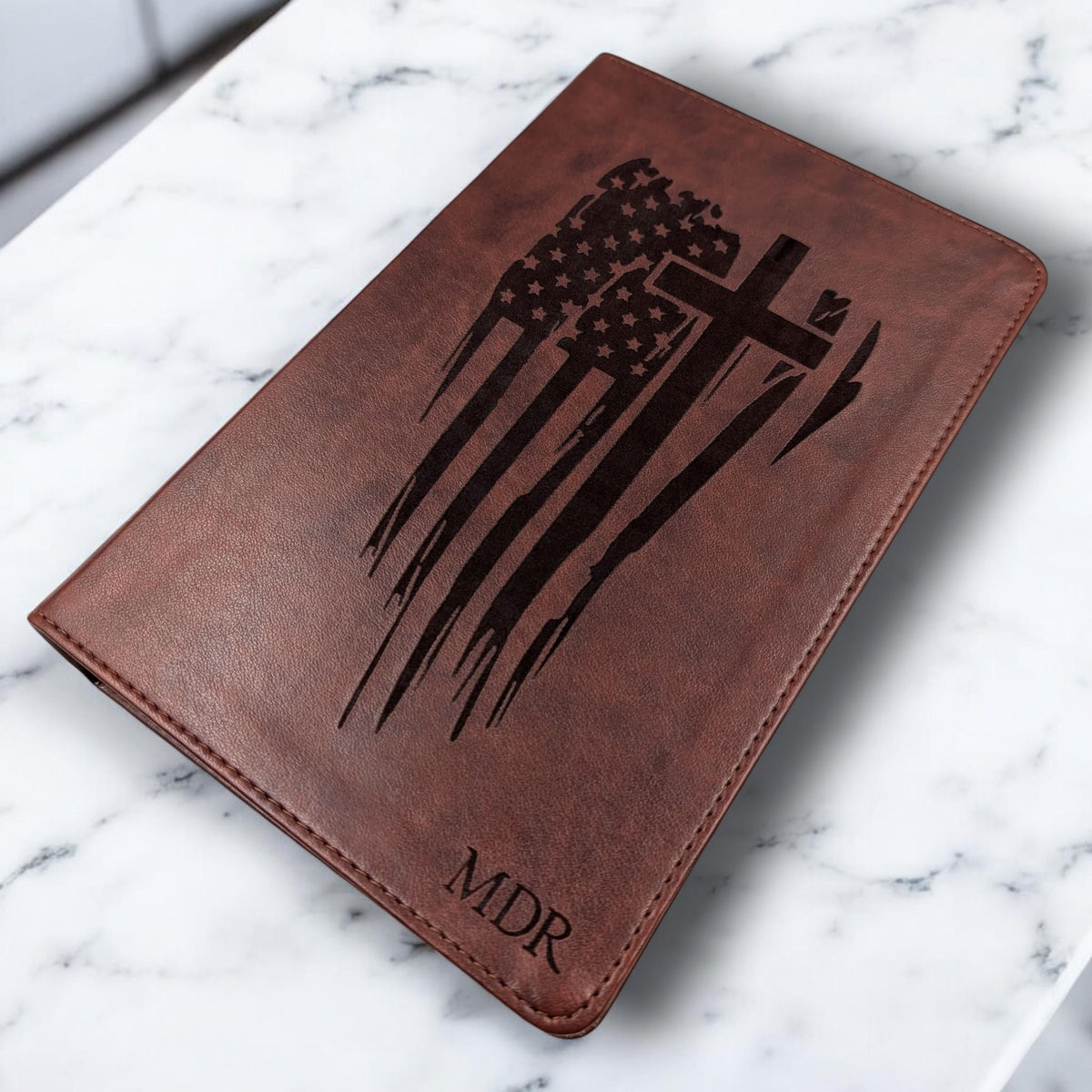 Personalized ESV Bible Large Print: Engraved American Flag, Cross and Custom Name