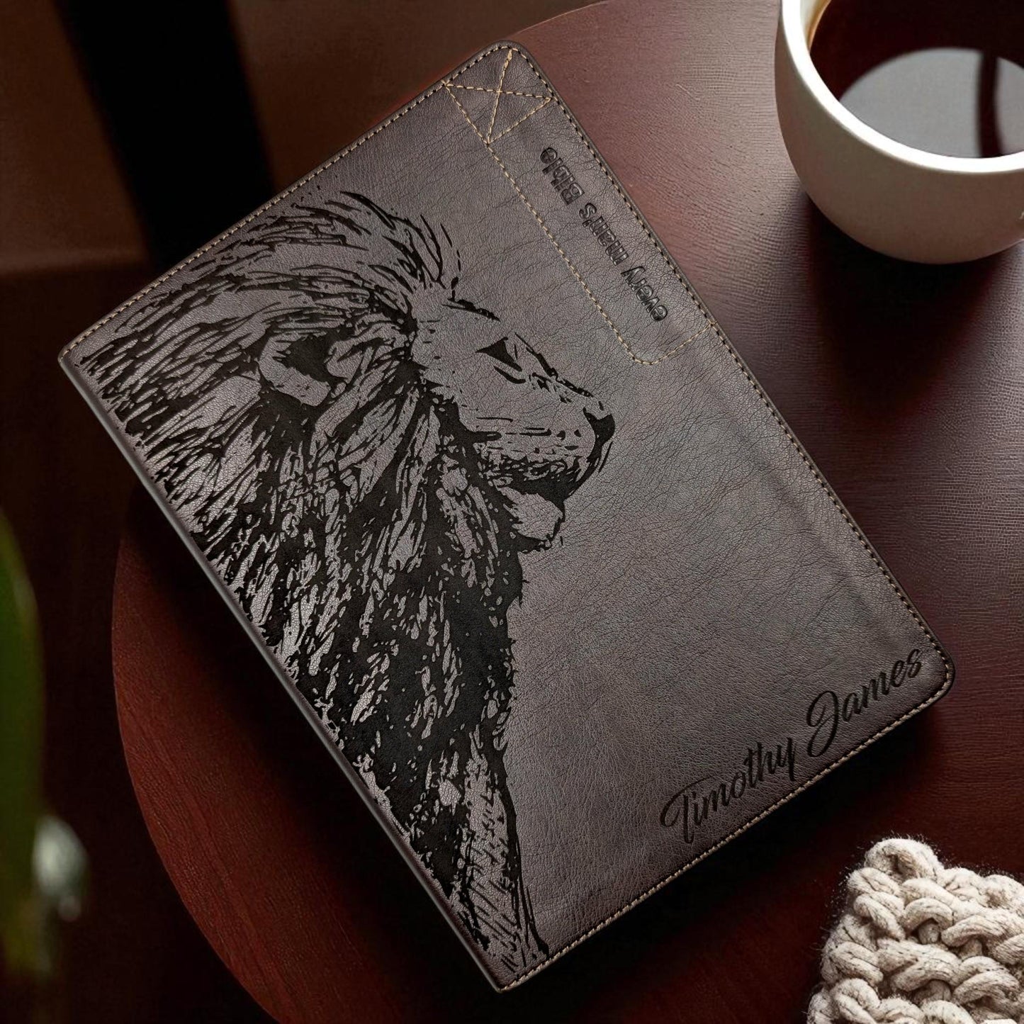 Personalized Every Man's Large Print NLT Bible (Brown): Engraved Lion, Optional Thumb Index