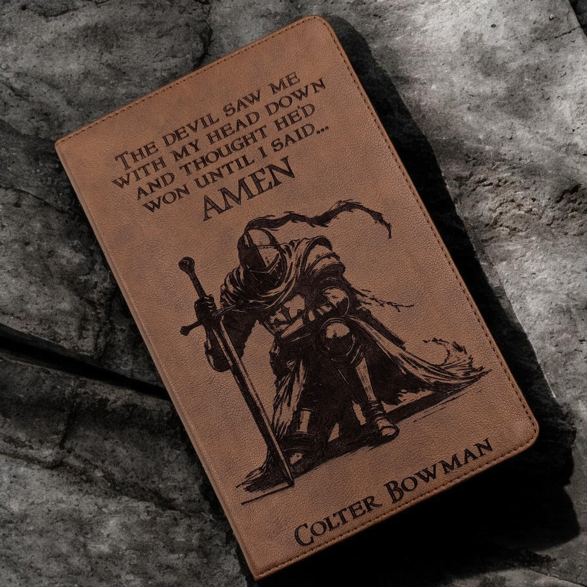 Personalized KJV Bible Personal Size: Engraved Kneeling Warrior and Crown of Thorns, Brown Cover