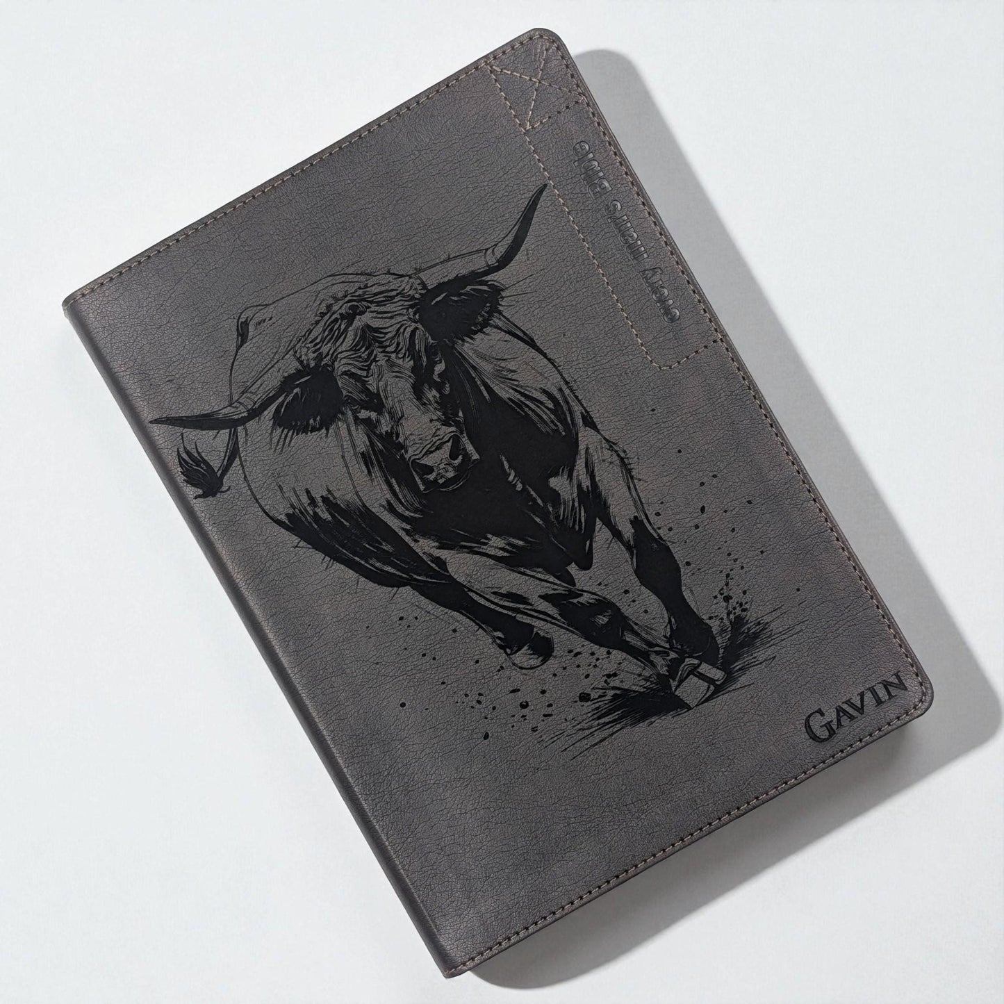 Personalized Every Man's Large Print NIV Bible: Engraved Rodeo Bull and Kneeling Cowboy, Brown