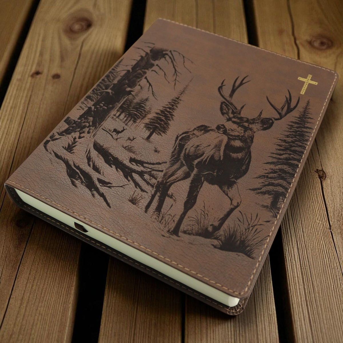 Personalized NIV Journal Bible: Engraved Buck Deer and Nature Scene, Lined Wide Margins