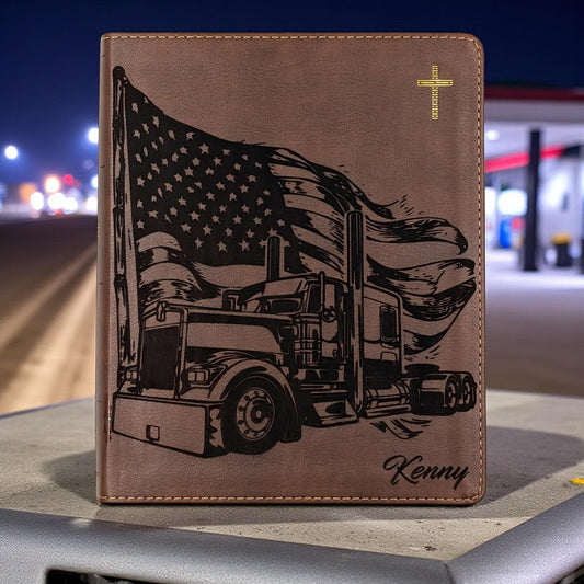 Personalized NIV Journal Bible: Engraved Semi Truck and American Flag, Lined Wide Margins