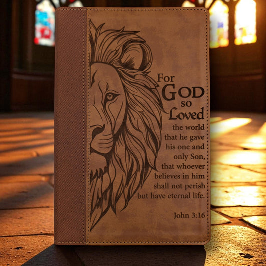 Personalized NIV Bible Large Print: Engraved Lion and John 3-16 Verse, Brown Leatherlike