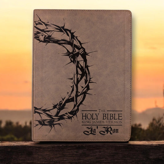 Personalized KJV Bible: Engraved Crown of Thorns, Wide Margin, Brown Leatherlike