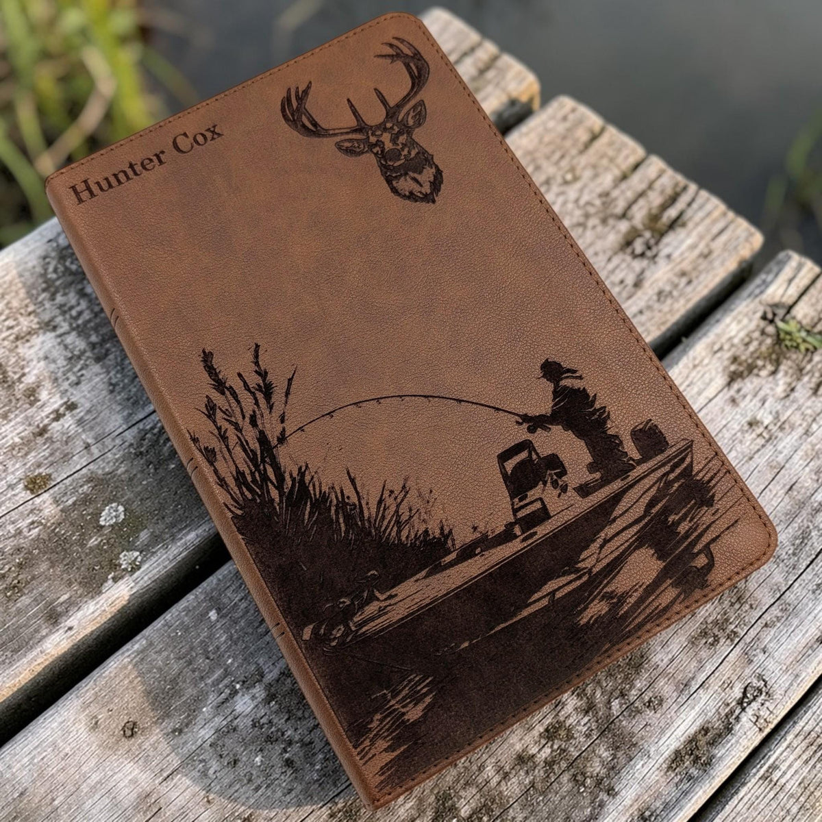 Personalized King James Bible KJV, Personal Size: Engraved Fisherman and Buck Design, Brown Leatherlike