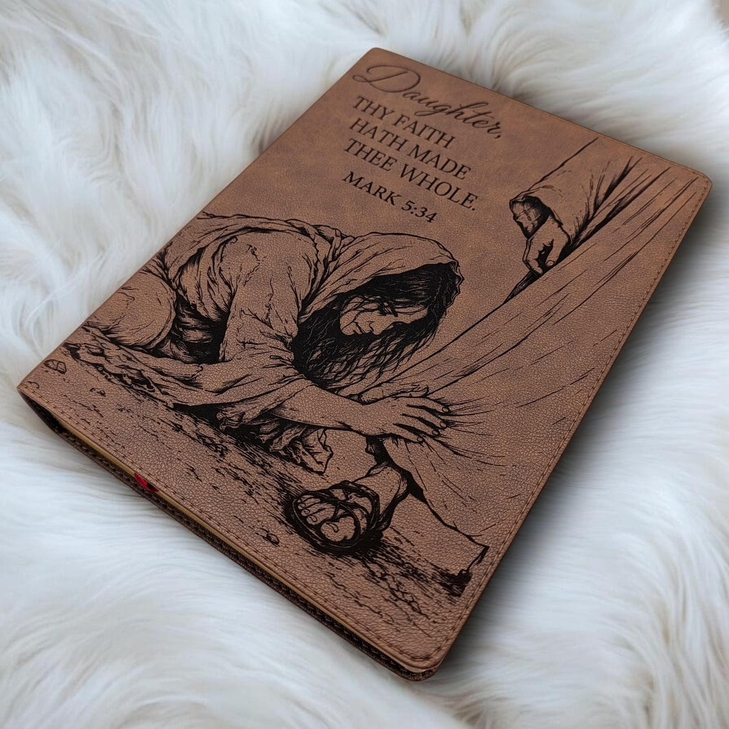 Personalized KJV Bible: Woman Touching Jesus' Garment Engraving, Wide Margin, Brown Leatherlike