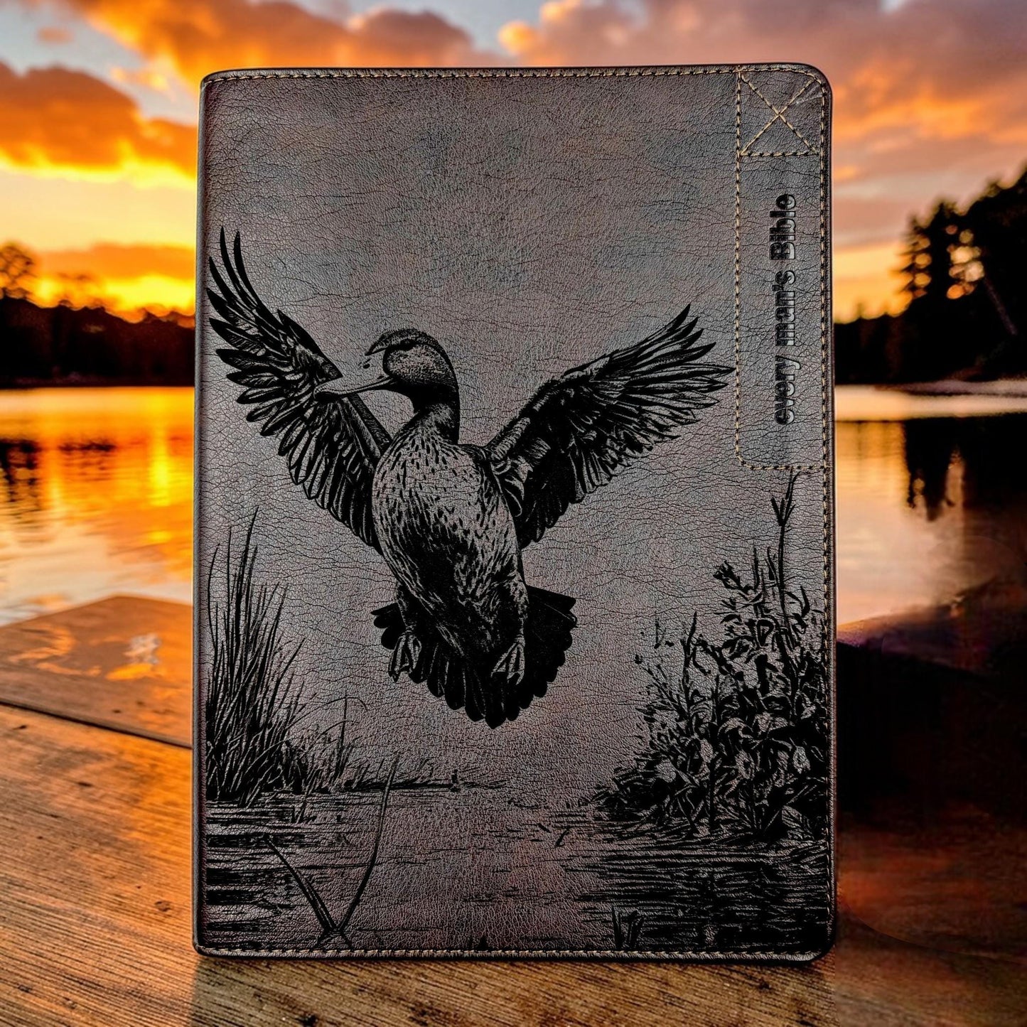 Personalized Every Man's Large Print NIV Bible: Duck Engraving, Custom Name, Brown Leatherlike